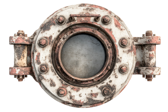 Old rusty porthole window isolated on transparent background