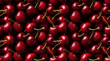 Seamless Pattern of Glossy Fresh Cherries with Water Droplets, Vibrant Red Fruit Background for Beverage and Dessert Packaging