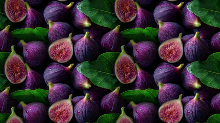 Seamless Pattern of Fresh Figs with Green Leaves, Whole and Halved Purple Fruits for Gourmet Food, Wellness and Mediterranean Diet Concepts