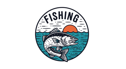 Vintage style circular emblem or badge design featuring a jumping fish illustration with water and a setting sun, perfect for fishing theme