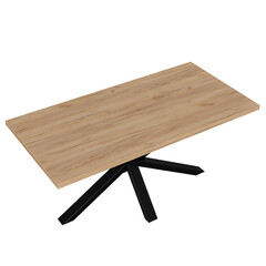 Contemporary dining table in loft style with black metal frame and wooden tabletop. Minimalist kitchen or dining room furniture on white background.