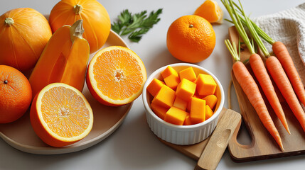 A vibrant assortment of fresh orange fruits and vegetables. Carrots, pumpkins, squash, and oranges as ingredients for a healthy diet. Nutrition and vitamin concept