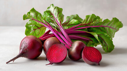 A bunch of fresh organic beetroots with leaves. Whole and sliced raw red beet vegetable on a table. Healthy vegetarian food concept