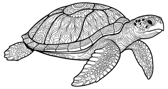 Intricate sea turtle line art, black and white illustration with patterned shell and flippers, detailed coloring page design