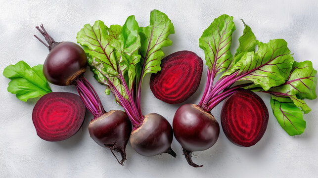 Top view of fresh organic beetroots with leaves. Raw whole and sliced beets on a textured background. Healthy root vegetable flat lay