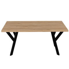 Contemporary dining table in loft style with black metal frame and wooden tabletop. Minimalist kitchen or dining room furniture on white background.