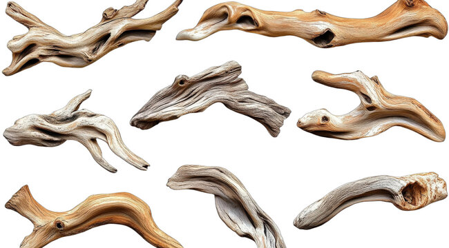 Assorted pieces of driftwood with unique shapes and textures
