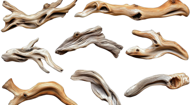 Assorted pieces of driftwood with unique shapes and textures