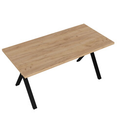 Contemporary dining table in loft style with black metal frame and wooden tabletop. Minimalist kitchen or dining room furniture on white background.