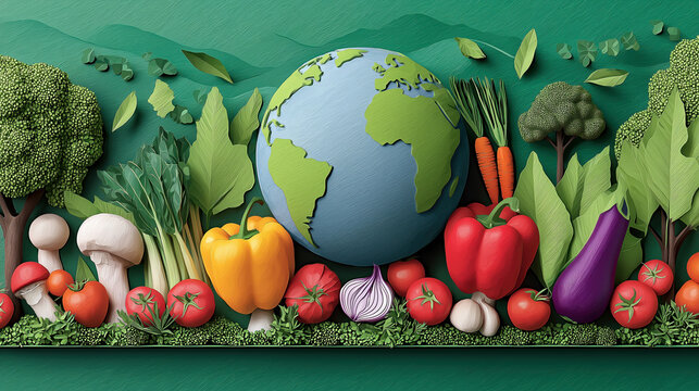 World Food Day concept with fresh vegetables and the Earth globe. Healthy vegetarian diet and sustainable agriculture illustration in a paper craft style.
