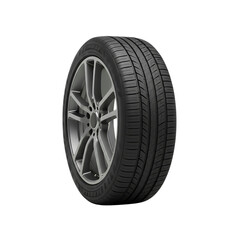 Obraz premium Close up of a modern car tire and alloy wheel on a black background