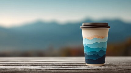 Enjoy your cozy coffee break with a scenic mountain view, perfect for travel blogs, nature themes, or promoting relaxation and mindful moments in stunning scenic landscapes