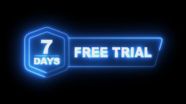 glowing neon 7 Days Free Trial Banner icon animation on black background. 7 days free trial label icon badge. 7 days free trial icon animation. Business products 7 days free trial offer video.