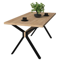 Contemporary dining table in loft style with black metal frame and wooden tabletop. Minimalist kitchen or dining room furniture on white background.