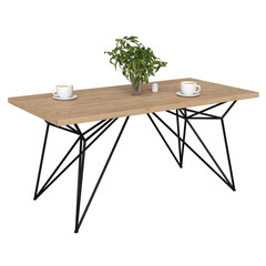Contemporary dining table in loft style with black metal frame and wooden tabletop. Minimalist kitchen or dining room furniture on white background.
