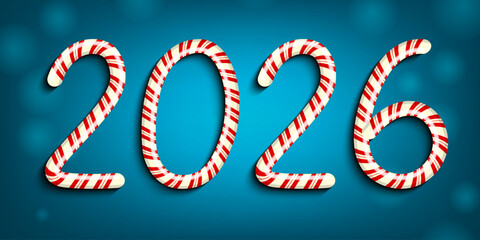 Merry Christmas and Happy New Year with 2026 in red and white swirl candy style. Vector illustration