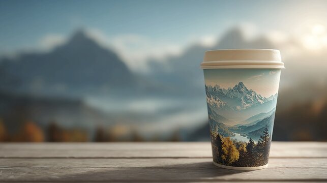 Enjoy a captivating mountain vista with your coffee break, showcasing a serene landscape, perfect for travel blogs, outdoor adventures, and promoting mindful moments in nature