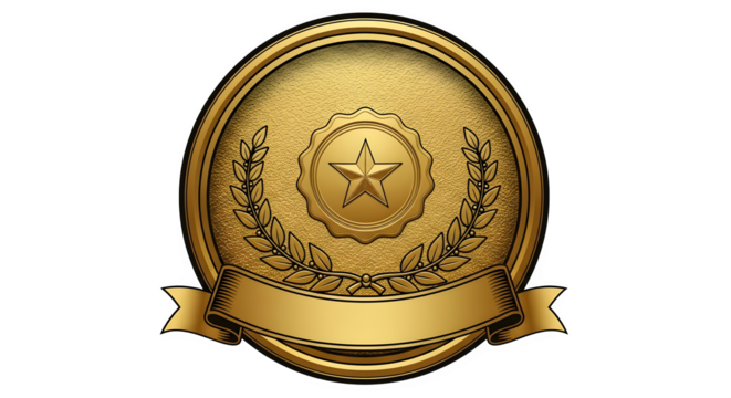 Golden Award Medal with Star Laurel Wreath and Ribbon Banner