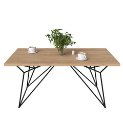 Contemporary dining table in loft style with black metal frame and wooden tabletop. Minimalist kitchen or dining room furniture on white background.