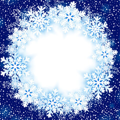Festive winter background with a circular frame made of white snowflakes on blue backdrop