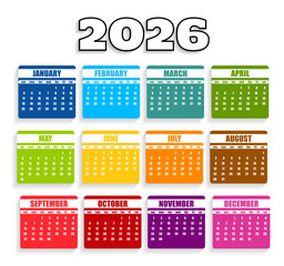 Colorful 2026 calendar vector template