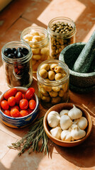 Mediterranean cooking ingredients in bright sunlight. Vertical still life with olives, garlic, tomatoes, capers, and herbs. Healthy Italian food preparation concept