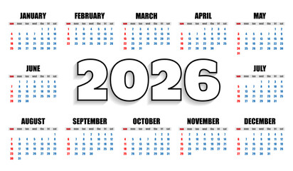 Calendar 2026 template with all months on white background