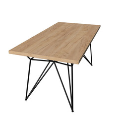 Contemporary dining table in loft style with black metal frame and wooden tabletop. Minimalist kitchen or dining room furniture on white background.