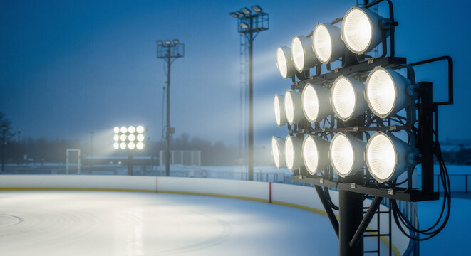 Ice rink stadium lights illuminating snowy outdoor rink at dusk  