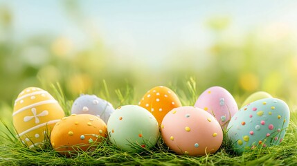 Delightful Easter egg hunt in lush green grass, perfect for springtime celebrations and family fun, vibrant colors and whimsical designs evoke joy and happiness, great for greeting cards