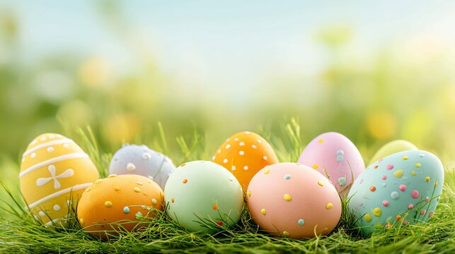 Delightful Easter egg hunt in lush green grass, perfect for springtime celebrations and family fun, vibrant colors and whimsical designs evoke joy and happiness, great for greeting cards