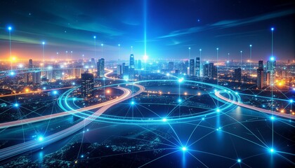Obraz premium Futuristic cityscape glows with interconnected network, visualizing digital transformation and global data flow for innovative tech and business concepts