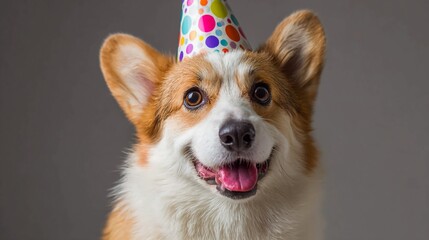 Adorable corgi smiles with a party hat, perfect for pet birthdays and celebrations, capturing pure joy and canine companionship for heartfelt marketing campaigns