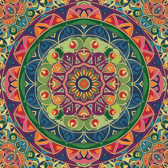 Symmetrical mandala with vibrant color palette in vector design. Vector Illustration.