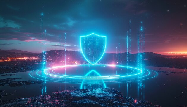 Cybersecurity shield protecting digital landscape with glowing neon lights, representing data privacy and network safety in a modern, futuristic world