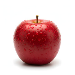 Fresh Red Apple with Water Droplets and Green Leaves Isolated on White Background - Ripe Juicy Fruit for Healthy Eating Concept