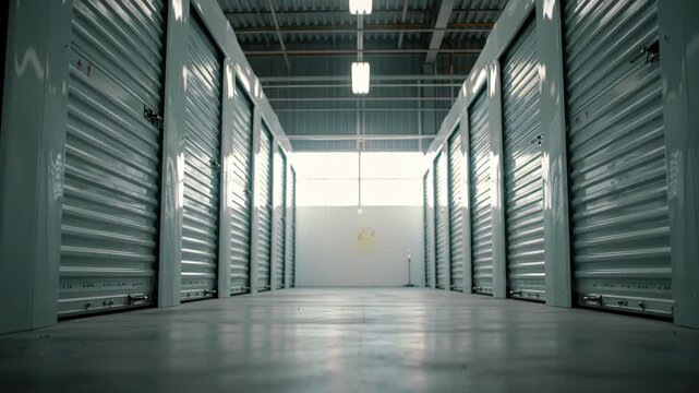 Indoor Storage units facility corridor, rows of silver self storage units.