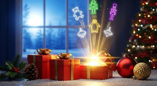 Magical christmas gifts, glowing toys emerging from open gift