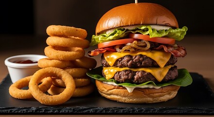 Delicious double cheeseburger with melted cheese, bacon, fresh lettuce, tomato, and onion served next to a tall stack of crispy golden onion rings with a side of dipping sauce on a dark slate board