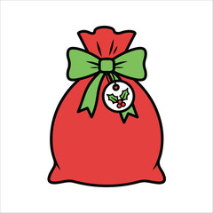 Large red santa gift sack with green ribbon bow christmas holiday present bag icon for festive seasonal gift giving or winter celebration branding