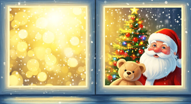 Christmas window view with santa, tree, teddy and bokeh lights