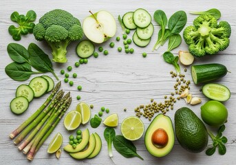 Vibrant green vegetables flatlay for healthy eating concepts and wellness campaigns, promoting fresh organic produce with broccoli, avocado and lime