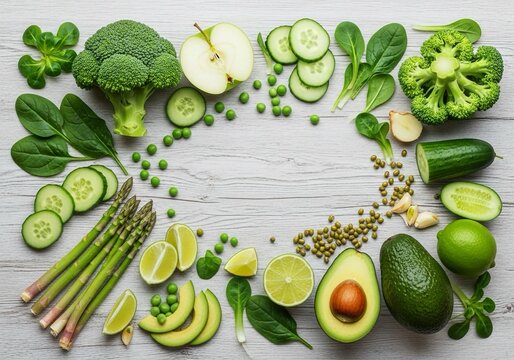 Vibrant green vegetables flatlay for healthy eating concepts and wellness campaigns, promoting fresh organic produce with broccoli, avocado and lime - Powered by Adobe