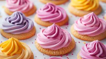 Close up of colorful frosted cookies arranged on a white surface in a visually appealing manner