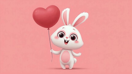 Adorable cartoon bunny holding a heart shaped balloon for Valentine's Day celebrations, perfect for cute greeting cards or children's content with a sweet and loving message