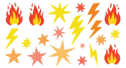 Hand drawn fire flames lightning bolts and starbursts in yellow and orange