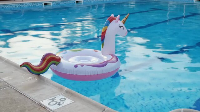 Unicorn pool float in swimming pool water, summer vacation, leisure fun.