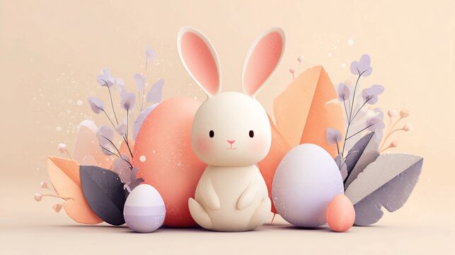 Adorable Easter bunny with pastel colored eggs and whimsical floral accents for joyful spring celebrations and holiday designs, creating a charming and heartwarming atmosphere - Powered by Adobe