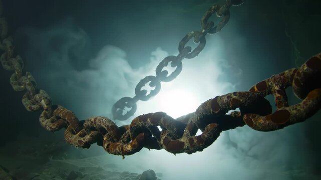 Heavy rusty metal chain in murky water, fog and light for industrial design, symbolic bondage, strength and connection.