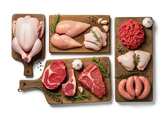 Premium selection of fresh meat cuts arranged beautifully on rustic wooden boards for culinary creations and delicious meals at home, family feast